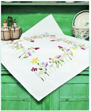 Surnappe blanc 80x80 cm, kit complet, broderie au point de tige, les fleurs, nappe pré-imprimé