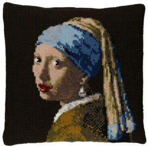 Jeune fille à la perle, coussin point de croix 40x40cm Johannes Vermeer, kit complet soudan à broder