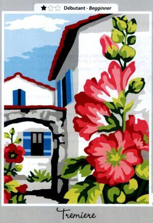 La maison avec les fleurs 14x18cm, Kit Canevas demi point croix de Margot 766-6024224 Trémière