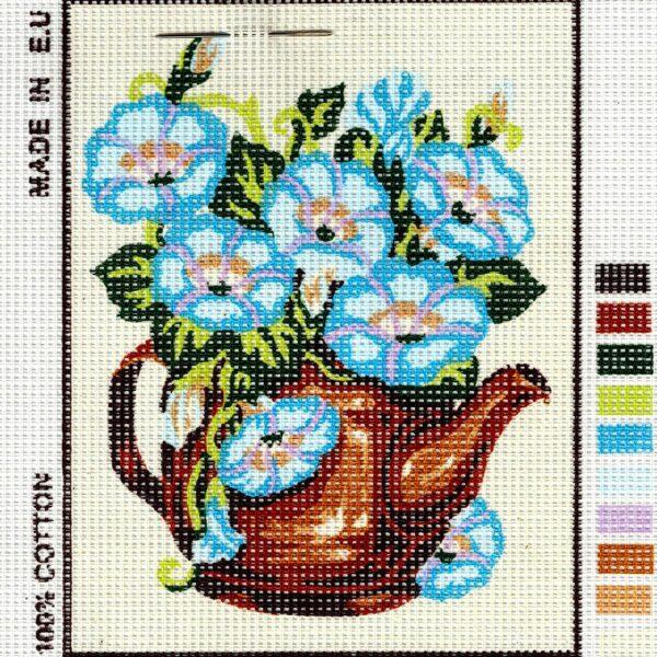 Canevas 14x18cm Théière avec des fleurs demi point croix SANS FILS