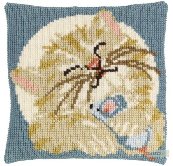 Coussin point de croix 40x40cm, kit complet soudan chaton avec une souris