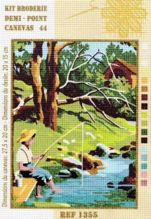 Kit canevas 27.5x20cm Le pêcheur au forêt demi point croix