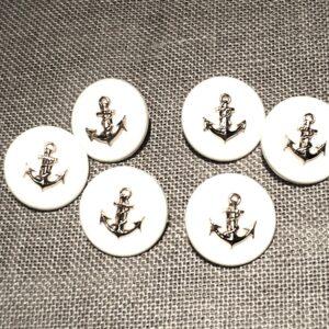 Lot de 6 boutons blanc 22mm à pied avec ancre doré