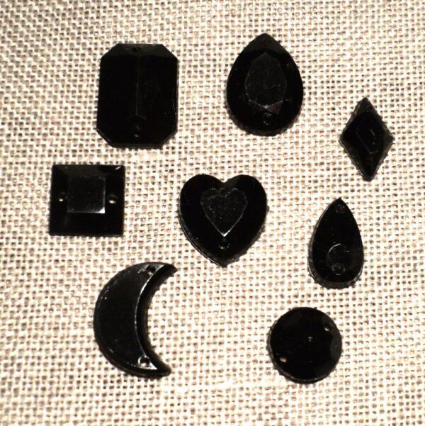 petites perles plates noires à coudre, lot de 8 pièces, lune, étoile, cœur, goutte, cercle