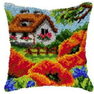 Coussin en point noué 40x40cm, kit complet soudan la maison avec des coquelicots