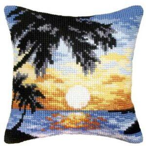 Kit Coussin imprimé 40x40cm coucher de soleil avec des palmiers point croix canevas soudan avec fils, aiguille et instructions