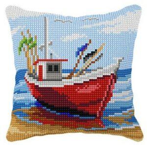 Kit Coussin imprimé 40x40cm le bateau de pêche point croix canevas soudan avec fils, aiguille et instructions