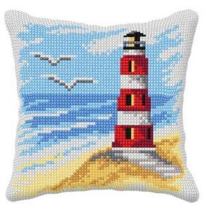 Kit Coussin imprimé 40x40cm le phare rouge point croix canevas soudan avec fils, aiguille et instructions