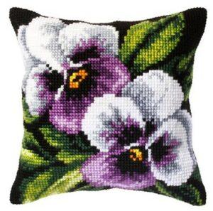 Kit Coussin imprimé 40x40cm les pensées point croix canevas soudan avec fils, aiguille et instructions