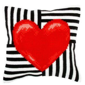 Kit Coussin imprimé 40x40cm noir et blanc moderne avec cœur rouge point croix canevas soudan avec fils, aiguille et instructions