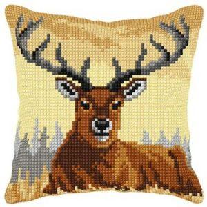 Kit Coussin imprimé le cerf 40x40cm au point croix canevas soudan avec fils, aiguille et instructions