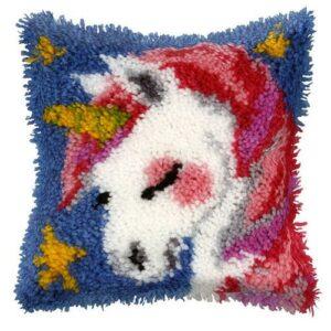 Coussin en point noué 25.5x25.5cm, kit complet soudan la licorne rose, l'unicorne