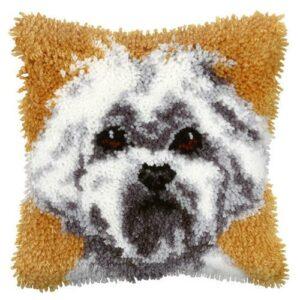 Coussin en point noué 25.5x25.5cm, kit complet soudan le chien Bichon Maltais