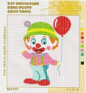 Kit Canevas ENFANT 15x15cm Le clown avec le ballon rouge gros trou débutant, demi point croix