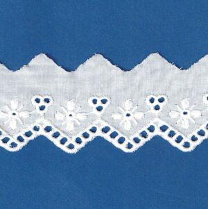 Ruban dentelle Broderie Anglaise blanc 40mm 100% coton avec fleurs et zigzag