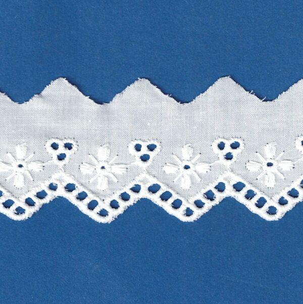 Ruban dentelle Broderie Anglaise blanc 40mm 100% coton avec fleurs et zigzag