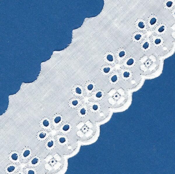 Ruban dentelle Broderie Anglaise blanc 55mm 100% coton avec fleurs