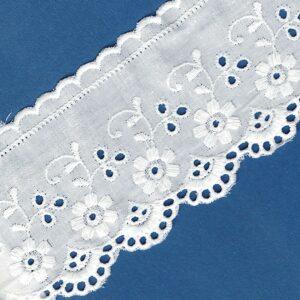 Ruban dentelle Broderie Anglaise blanc 65mm 100% coton avec fleurs