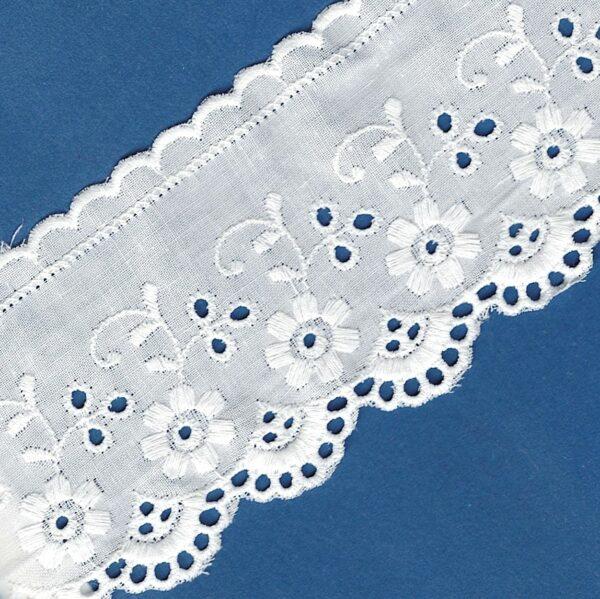 Ruban dentelle Broderie Anglaise blanc 65mm 100% coton avec fleurs