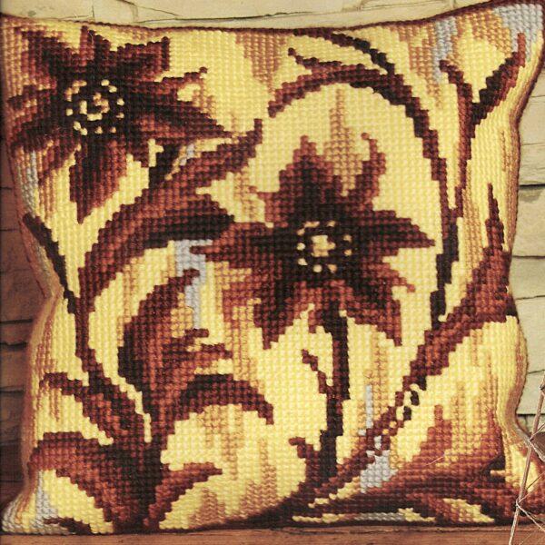Kit Coussin imprimé 40x40cm les fleurs point croix canevas soudan avec fils, aiguille et instructions