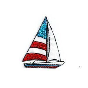 Écusson Thermocollant bateau, voilier à paillettes 4.0 x 4.5cm blanc rouge bleu thème marine