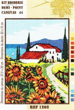 Kit canevas 27.5x20cm La maison avec les tournesols demi point croix