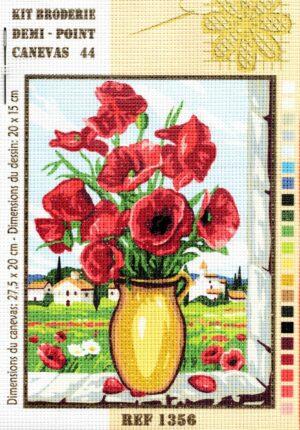 Kit canevas 27.5x20cm Le vase avec des coquelicots demi point croix