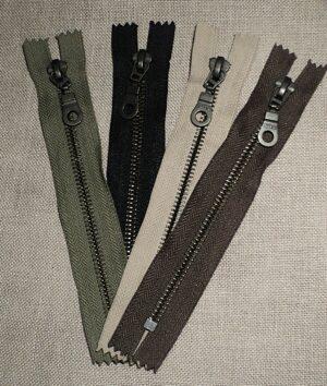 Fermeture métal Bronze Antique 18cm pour les poches noir, beige, vert chasse, marron foncé