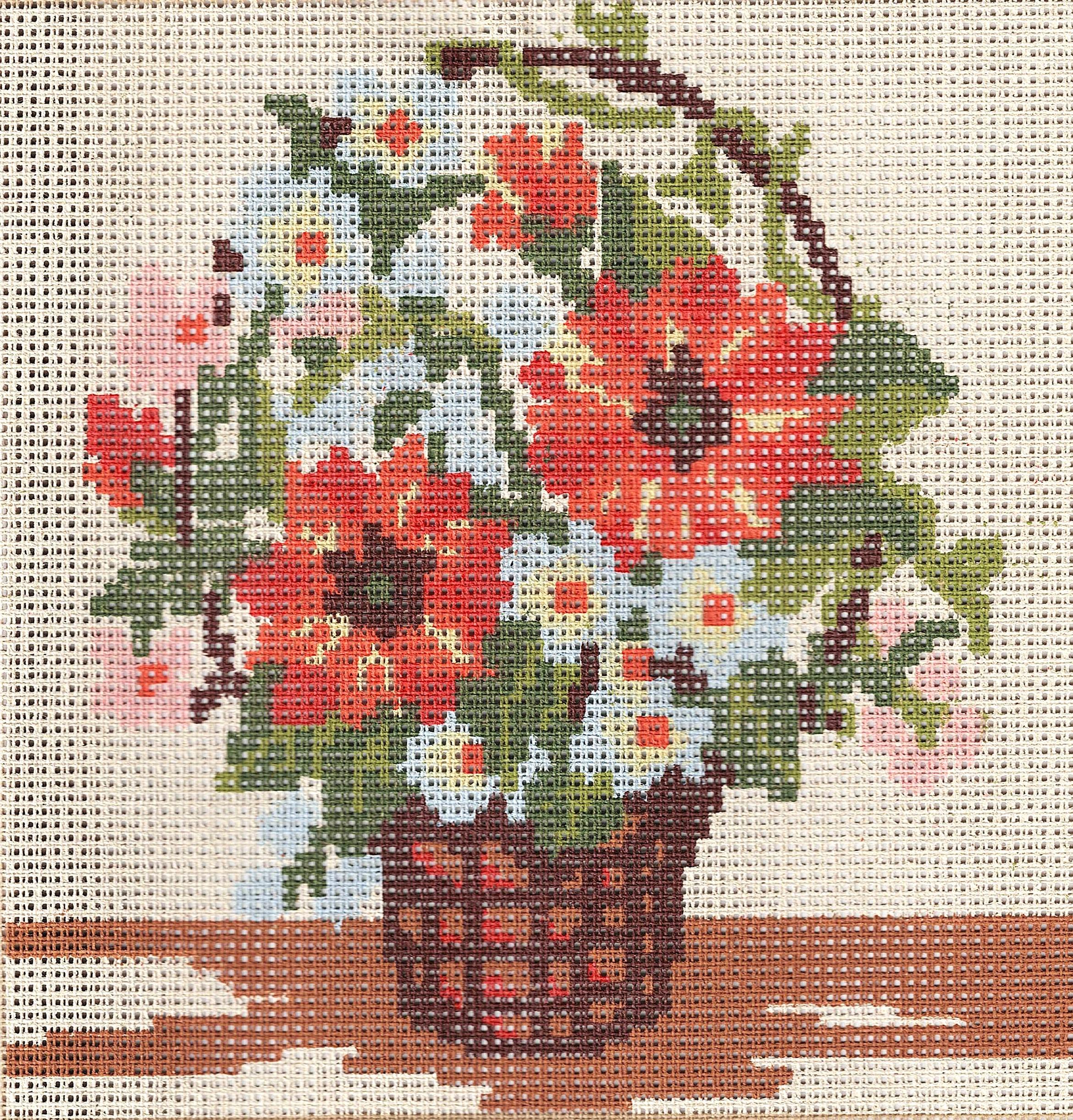 Kit Canevas demi point croix 20x20cm Le panier aux des fleurs rouges