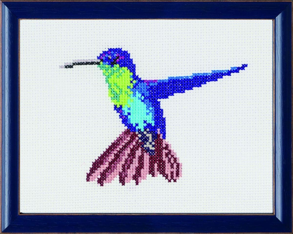 Kit au point de croix 13x17cm L'oiseau colibri bleu, Aida au point compté