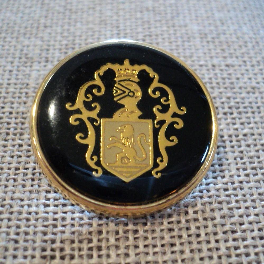 Bouton métal blason dorénoir 22mm avec lion et couronne