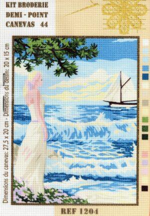 Kit canevas 27.5x20cm La dame au bord de la mer demi point croix