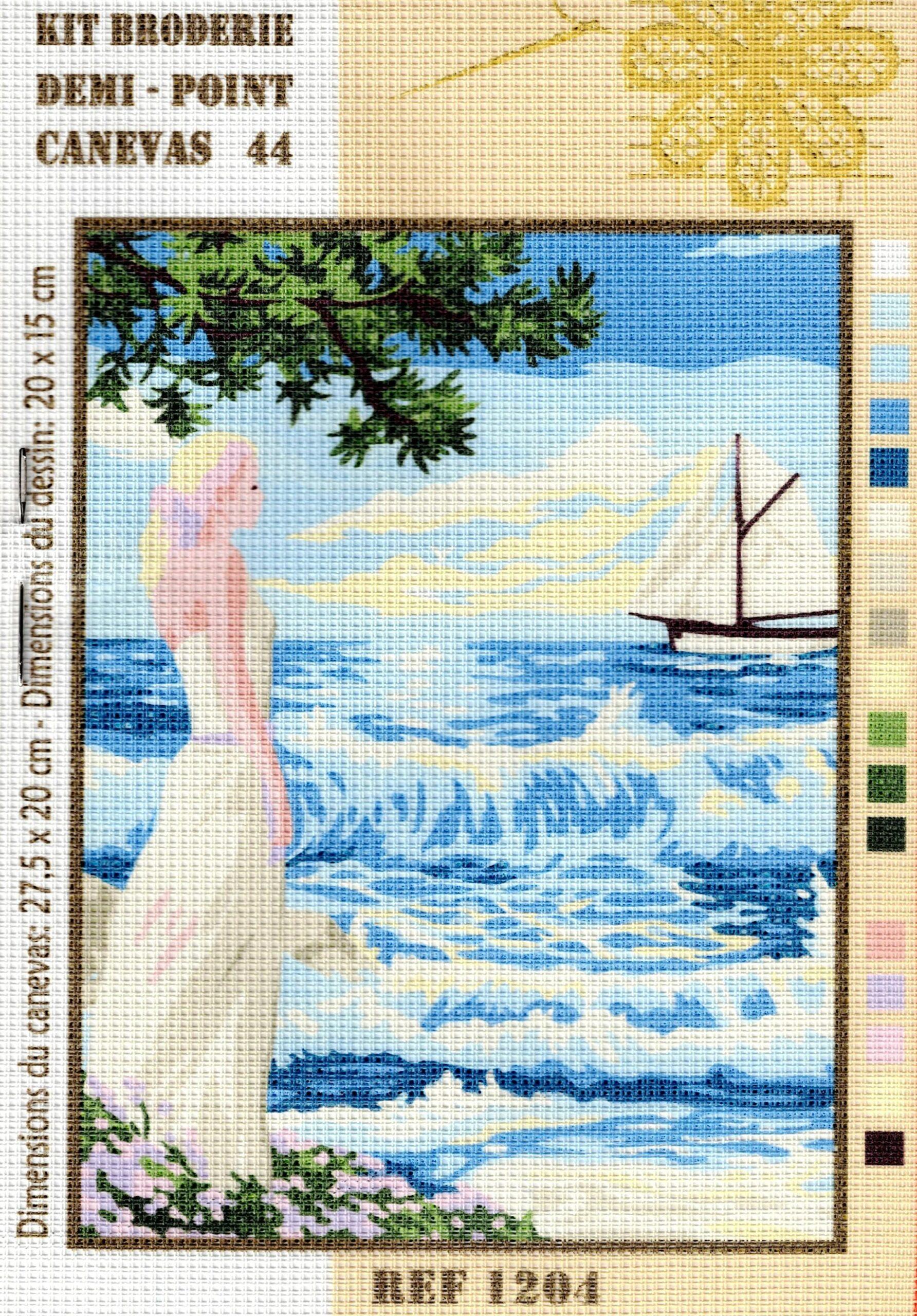 Kit canevas 27.5x20cm La dame au bord de la mer demi point croix