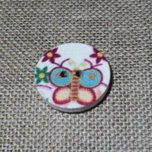 Bouton décoratif 20mm blanc avec 2-trous avec papillon fuchsia, turquoise