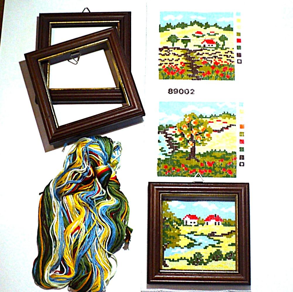 Kit canevas Set 3 pièces 8x8cm Les paysages avec les cadres demi point croix