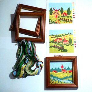 Kit canevas Set 3 pièces 8x8cm Les paysages, les maisons avec les cadres demi point croix