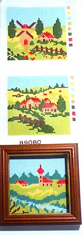 Kit canevas Set 3 pièces 8x8cm Les paysages, les maisons avec les cadres demi point croix deel 2