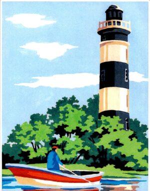 Kit Canevas Le phare avec la barque 20x25cm demi point croix