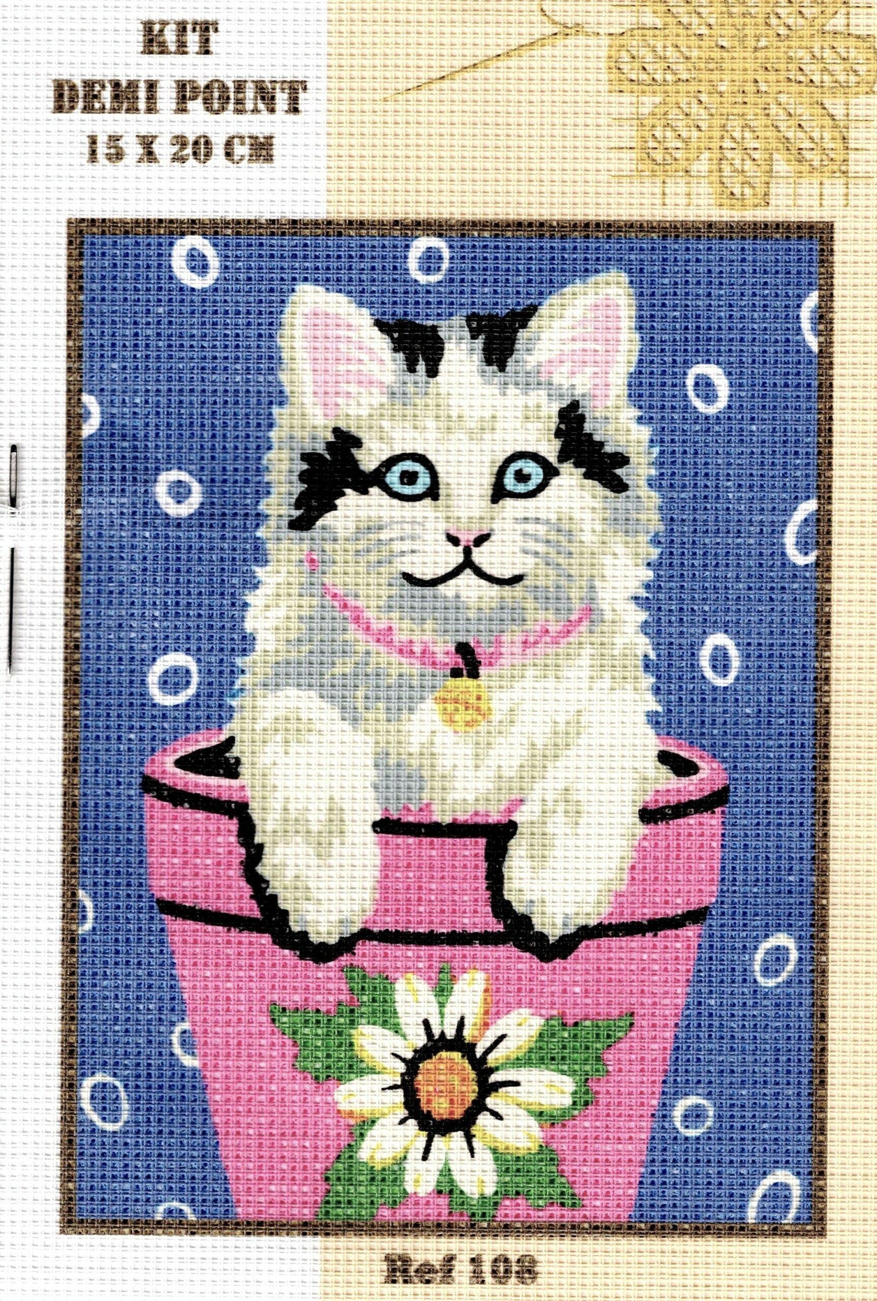 Kit canevas 27.5x20cm Le chat dans le pot de fleurs demi point croix