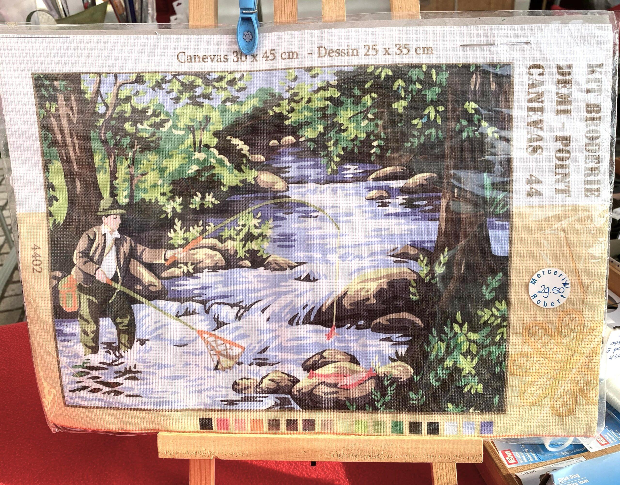 Kit canevas 30x45cm Le pêcheur au bord de la rivière demi point croix