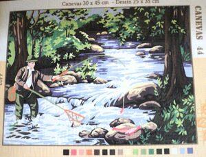 Kit canevas 30x45cm Le pêcheur au bord de la rivière demi point croix