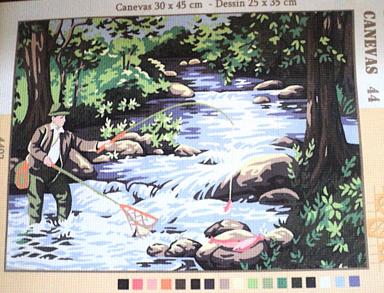 Kit canevas 30x45cm Le pêcheur au bord de la rivière demi point croix
