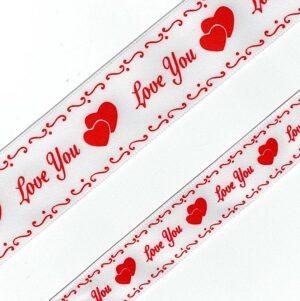 Ruban galon 15mm25mm les cœurs Love You satiné fond blanc avec rouge galon décoratif