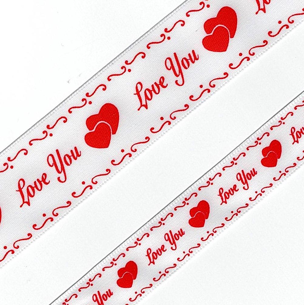 Ruban galon 15mm25mm les cœurs Love You satiné fond blanc avec rouge galon décoratif