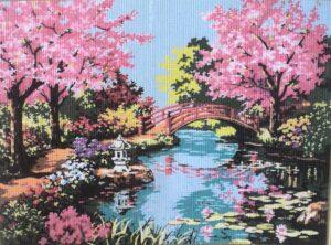 Kit canevas 30x45cm Le jardin japonais avec ses fleurs et son pont demi point croix