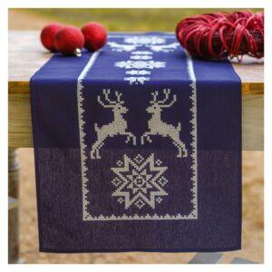 Chemin de table Noël bleu marine 35x95 cm, kit complet, broderie au point croix avec des cerfs et étoiles nappe pré-imprimé