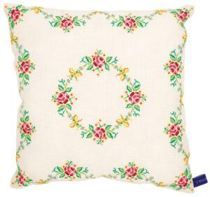Coussin 35x35 cm aida 5.4 écru broderie au point de croix, guirlande de roses au point compté