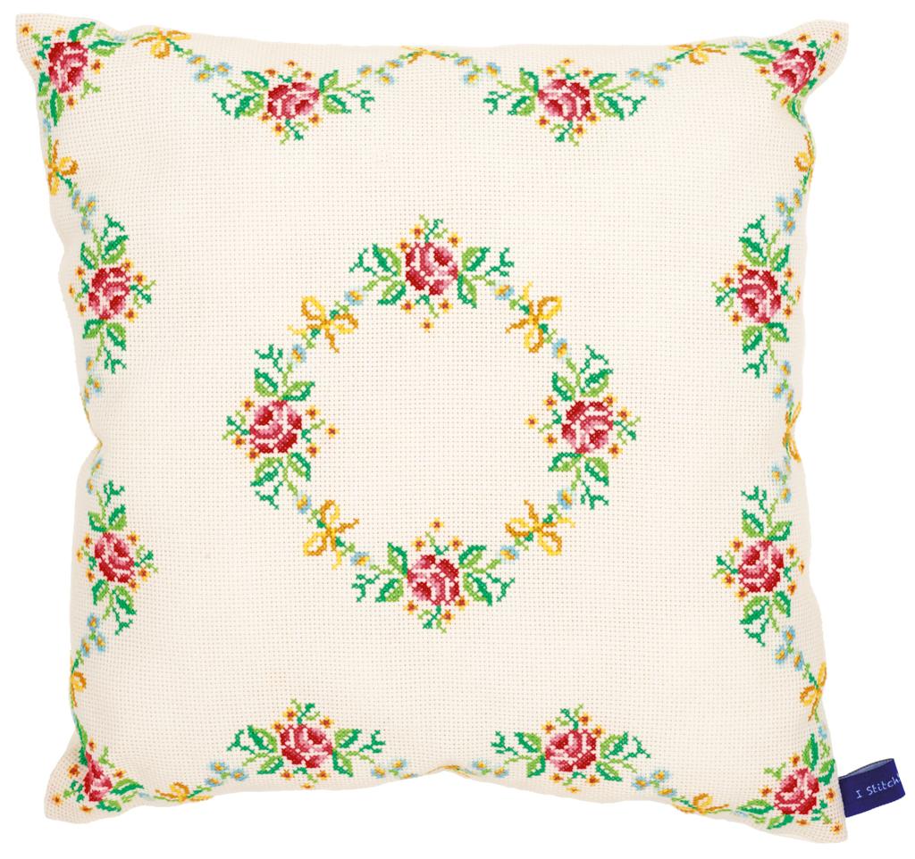 Coussin 35x35 cm aida 5.4 écru broderie au point de croix, guirlande de roses au point compté