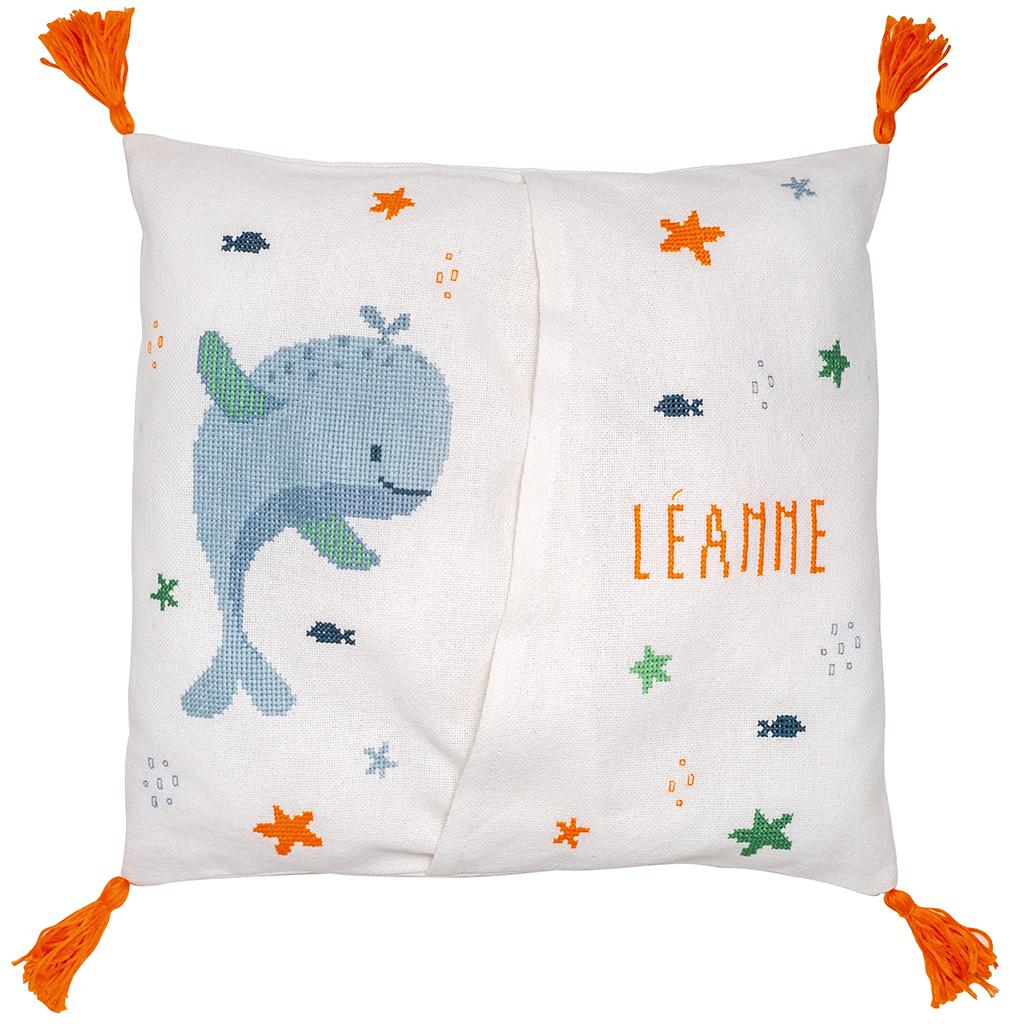 Coussin/Sac de pyjama Baleine 30x32cm toile 10.5 fils kit à broder au point croix, au point compté