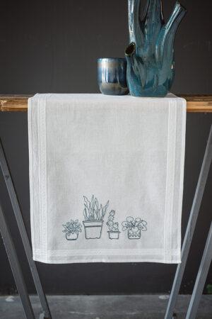 Kit Chemin de table blanc 40x100 cm, broderie au point tige, Plantes d'intérieur nappe pré-imprimé